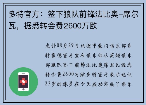 多特官方：签下狼队前锋法比奥-席尔瓦，据悉转会费2600万欧