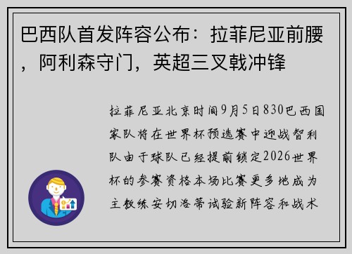 巴西队首发阵容公布：拉菲尼亚前腰，阿利森守门，英超三叉戟冲锋